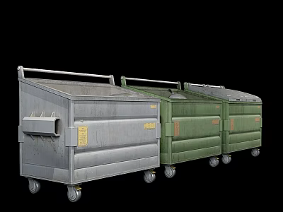 Public Outdoor Trash Bins with Silver and Green Lids and Wheels 3d model