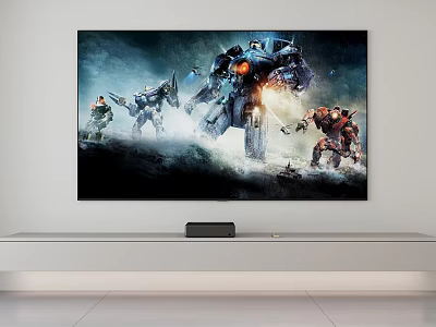 Large Screen Wall Mounted Television Showing Sci Fi Robots And Warriors Action Scene With Soundbar 3d model