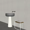Contemporary Glass Washbasin With White Pedestal Black Faucet Small Table Rolled Towels Light Colored Background