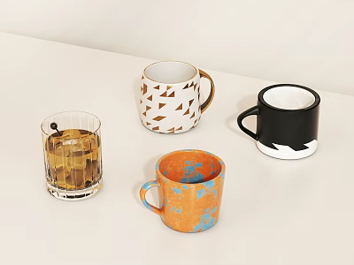 Three Colorful Ceramic Mugs With Triangular Wavy Spotted Patterns And Transparent Glass With Ice 3d model