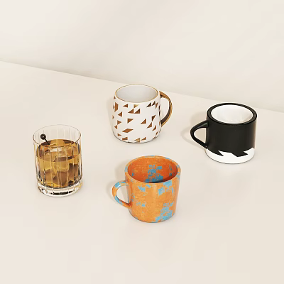 Three Colorful Ceramic Mugs With Triangular Wavy Spotted Patterns And Transparent Glass With Ice 3d model