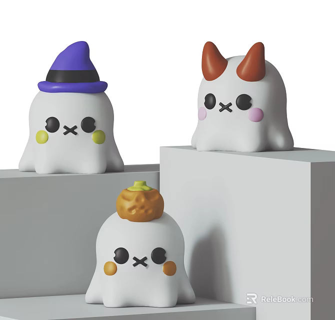 Cute White Ghost Shaped Decorative Ornament Set With Witch Hat Horns And Pumpkin 3d model 
