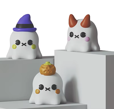Cute White Ghost Shaped Decorative Ornament Set With Witch Hat Horns And Pumpkin 3d model