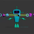Blue 3D Grid Robot Surrounded By Glowing Neon Shapes Triangles Stars And Rings
