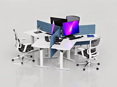 Modular Office Desk And Chair Set With Computer Monitors And Partition Panels 3d model