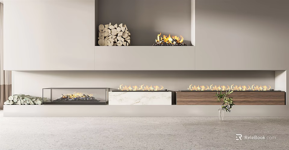 Modern Fireplace Interior Design With Stacked Firewood Burning Flames And Marble Wood Elements 3d model