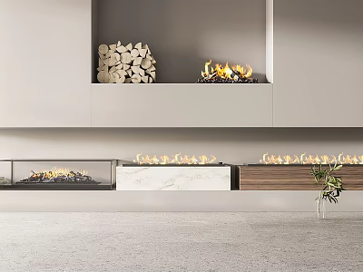 Modern Fireplace Interior Design With Stacked Firewood Burning Flames And Marble Wood Elements 3d model