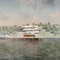 Modern Waterfront Architectural Structure With Moonlit Reflection Trees And White Canopy Roof 3d model