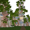 Scenic Treehouse Villa Buildings Nestled In Lush Green Trees And Grassland