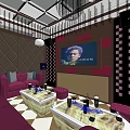 Elegant KTV Interior Design With Purple Sofas Coffee Table Decorative Paintings And TV Screen