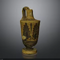 Ancient Carved Ceramic Vase With Handle Yellow Body And Black Floral Patterns