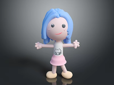 Cartoon Style Game Movie Character With Blue Hair White Top Pink Skirt And Smiling Expression 3d model