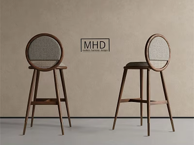 Modern Wooden Bar Stools With Round Woven Backrest And High Legged Minimalist Design 3d model