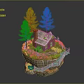 Brick Cabin On Island With Pine Trees Grass And Stairs Leading To Water