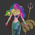 Mermaid with Long Golden Hair Blue Scaled Tail Holding Golden Trident Yellow Wing Like Structures