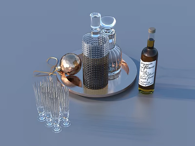 Wine Bottles And Glasses On Copper Tray With Honey Bottle And Shot Glasses 3d model