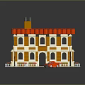 Colorful Block House with Red Roof Yellow White Walls Windows Chimney and Red Car