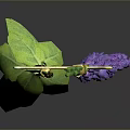 Green Leaf and Purple Lavender Plants Hanging with Gold Hooks on Gray Background