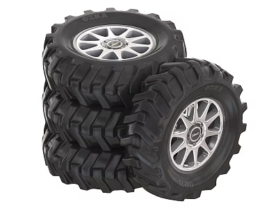 Heavy Duty Off Road Tires With Silver Spoke Alloy Wheels And Deep Tread Pattern 3d model