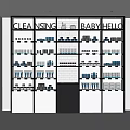 Display Shelves With White Black Layered Design Holding Cleansing Products And Baby Items For Retail