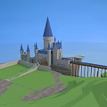 Historic Castle Architecture With Blue Spires By Water And Green Hills Reflection