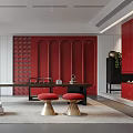 Modern Chinese Tea Room With Red Wall Long Table And Stools 3d model
