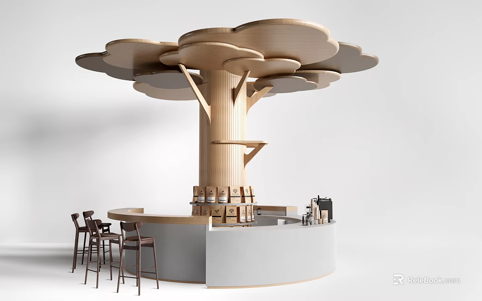 Modern Wooden Pillar With Cloud Shaped Canopy Circular Bar And High Chairs 3d model 