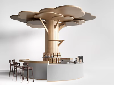 Modern Wooden Pillar With Cloud Shaped Canopy Circular Bar And High Chairs 3d model