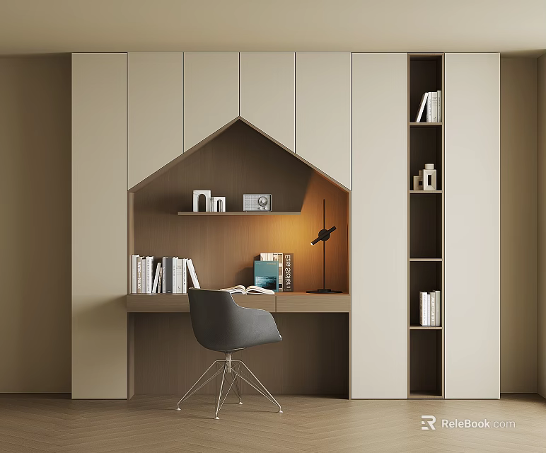 Modern Study Desk With Beige Cabinets Arched Design Table Lamp Books And Gray Chair 3d model 