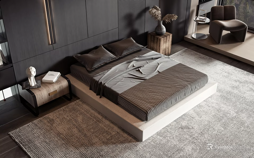 Modern Double Bed Platform Frame with Gray Bed Sheets and Nightstand Decorative Items 3d model