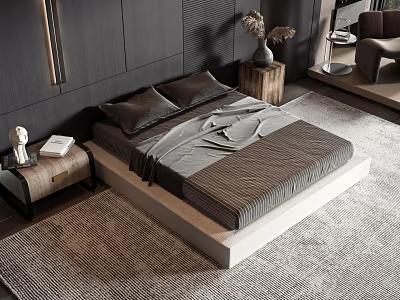 Modern Double Bed Platform Frame with Gray Bed Sheets and Nightstand Decorative Items 3d model