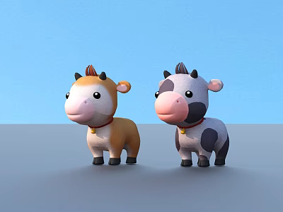 Cute Cartoon Cows With Brown Gray Colors Bell Collars On Blue Sky Background 3d model