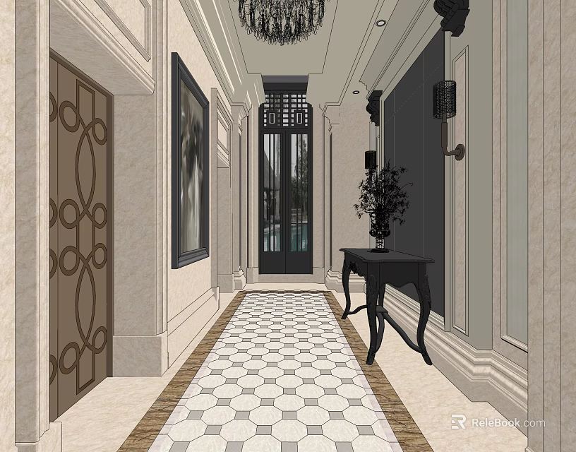 Elegant Elevator Hallway With Chandelier Stone Walls Hexagonal Tile Floor Console Table Vase Plant 3d model