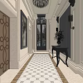 Elegant Elevator Hallway With Chandelier Stone Walls Hexagonal Tile Floor Console Table Vase Plant 3d model