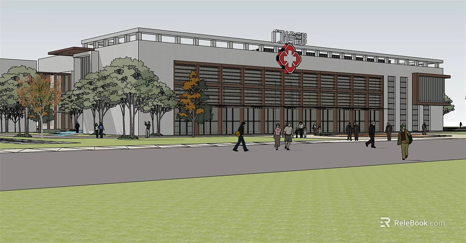Modern Hospital Building Exterior With Red Cross Symbol Trees And Pedestrians 3d model 