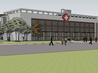 Modern Hospital Building Exterior With Red Cross Symbol Trees And Pedestrians 3d model