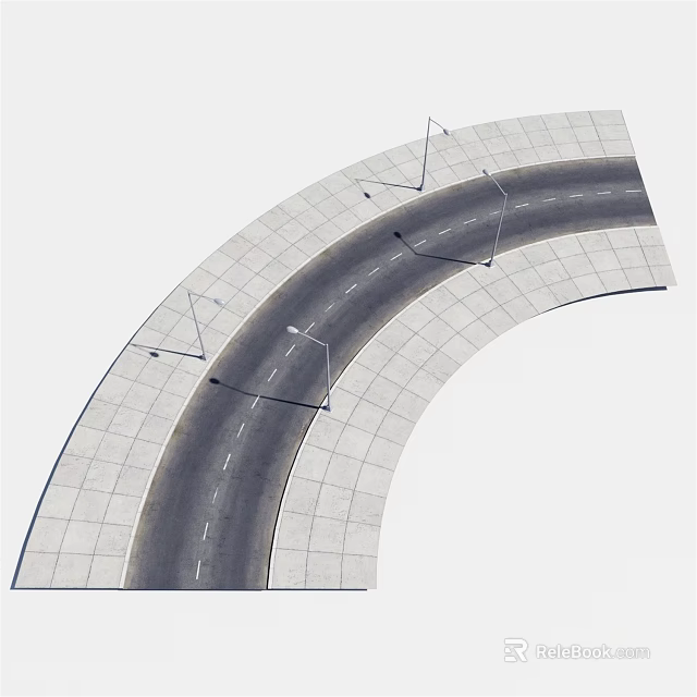 Curved Road Infrastructure With Lane Markings Street Lamps And Paved Sidewalks 3d model 
