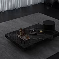 Modern Marble Top Coffee Table With Bottles Tray On Rug Curtains Wall Art And Plants