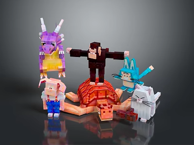 Vibrant Block Style Pixel Art Animals Featuring Dragon Monkey Rabbit Pig And Turtle 3d model