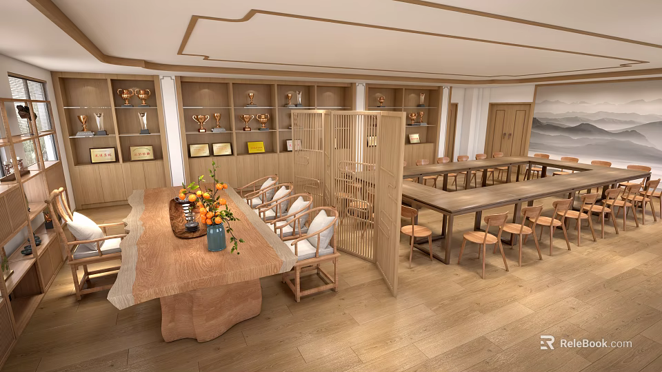 Elegant Conference Room Interior With Wooden Long Table Chairs And Partition Screens 3d model 