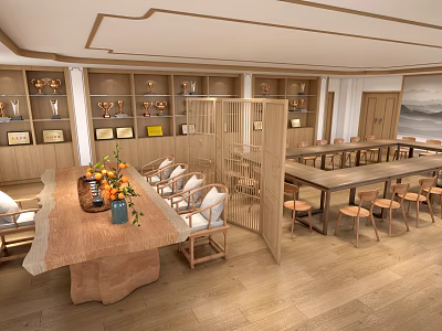 Elegant Conference Room Interior With Wooden Long Table Chairs And Partition Screens 3d model