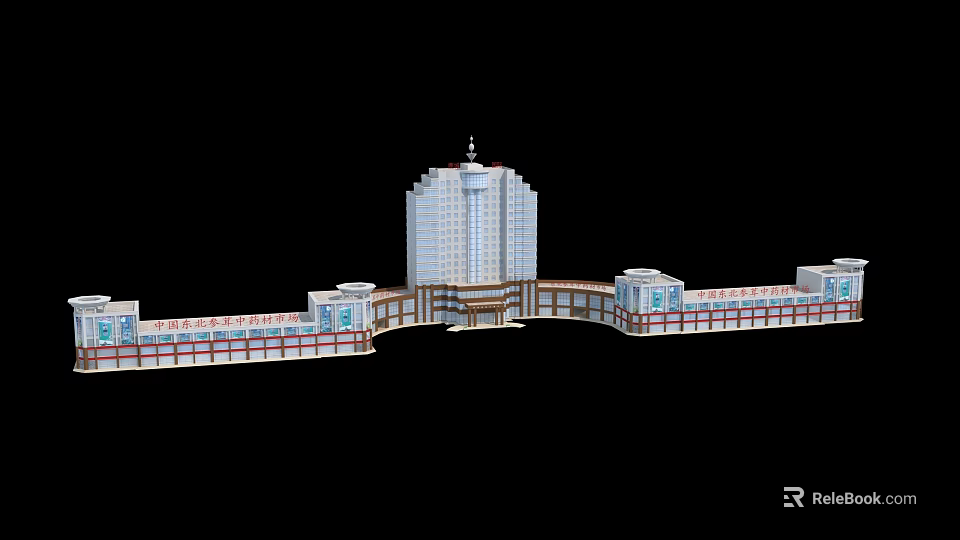 Modern Commercial Complex Architectural Design With Tall Tower And Connected Buildings 3d model 