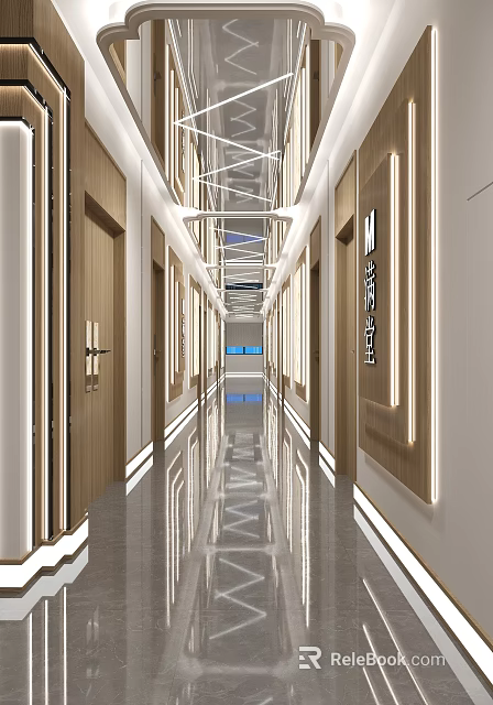 Modern SPA Sauna Corridor Interior With Wooden Doors And Lighting 3d model 