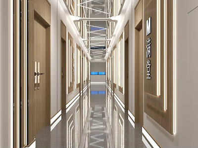 Modern SPA Sauna Corridor Interior With Wooden Doors And Lighting 3d model