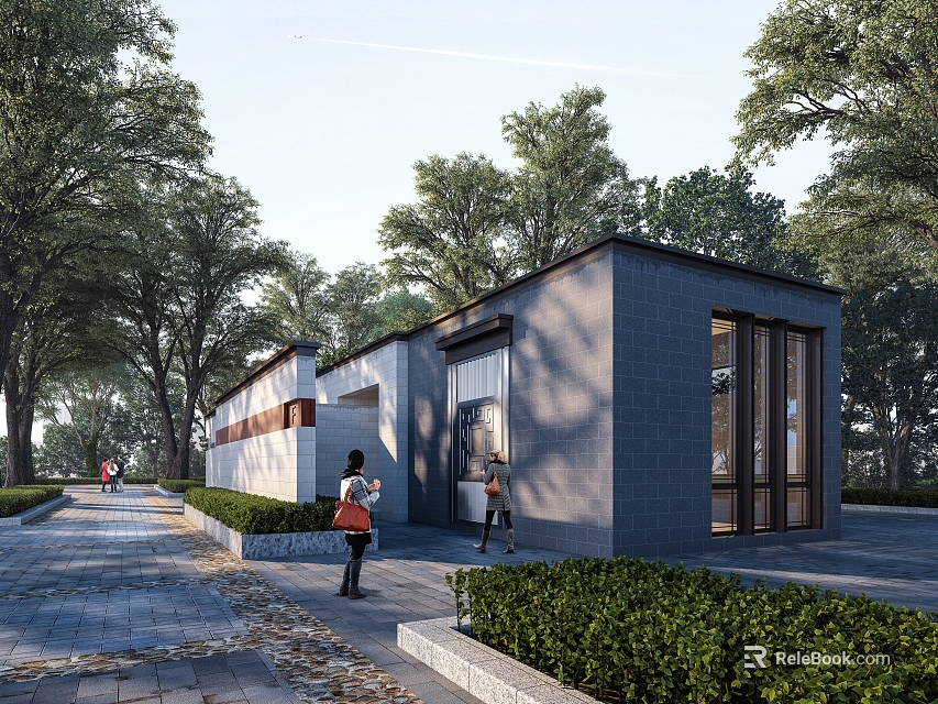 Modern Grey Brick Building Surrounded By Trees And Pedestrians With Large Windows And Outdoor Area 3d model 