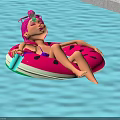 Pink Haired Figure Relaxing On Watermelon Inflatable Float In Blue Pool With Drink