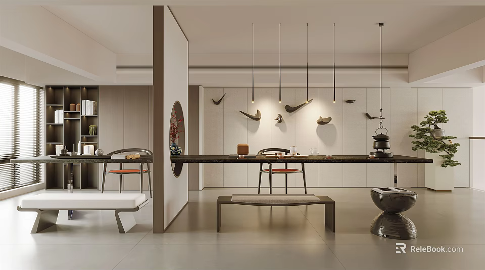 Modern Tea Room Interior With Long Table Hanging Pendant Lights And Bird Shaped Wall Decor 3d model 