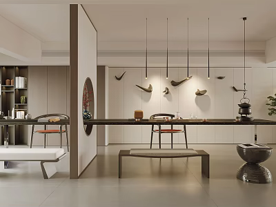Modern Tea Room Interior With Long Table Hanging Pendant Lights And Bird Shaped Wall Decor 3d model