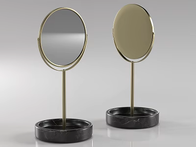 Two Elegant Round Vanity Mirrors With Golden Stand And Black Marble Base 3d model