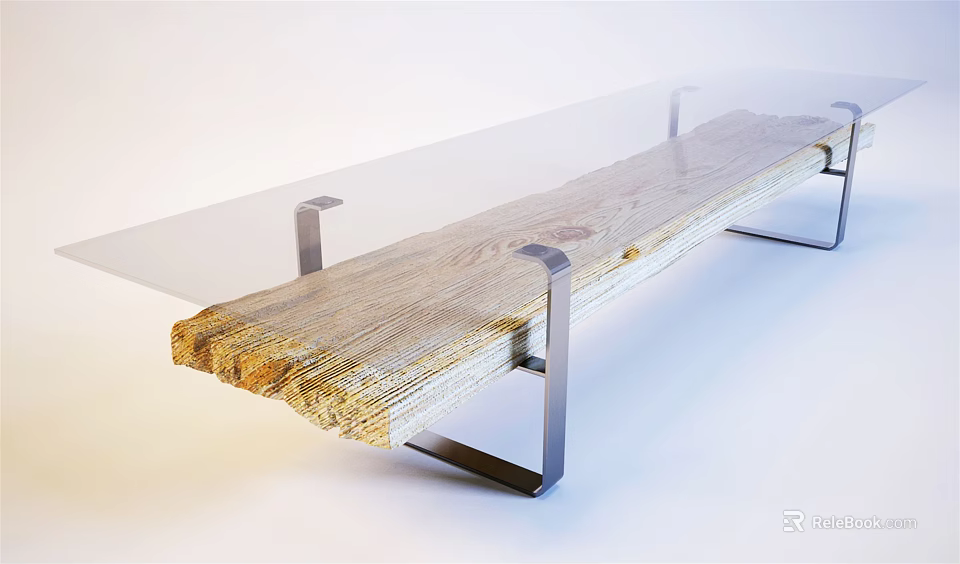 Modern Dining Table With Glass Top Wooden Slab And Metal Legs Design 3d model 